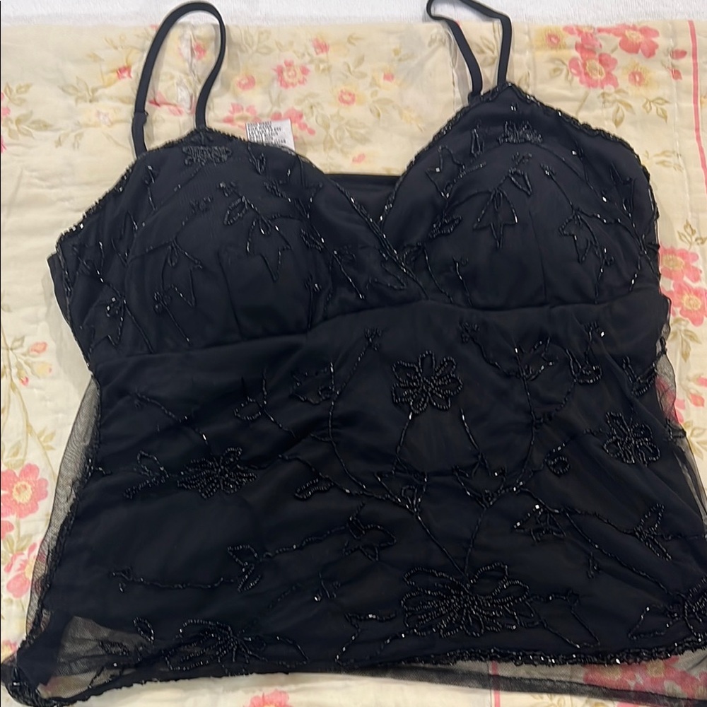 Elegant Black Camisole with Floral Embroidery